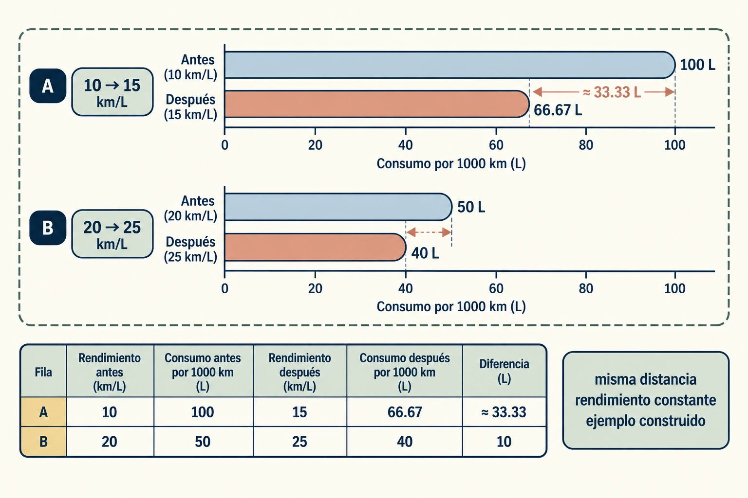 Para mil kilómetros, el cambio de 10 a 15 km por litro reduce consumo de 100 a unos 66,67 litros; el cambio de 20 a 25 lo reduce de 50 a 40