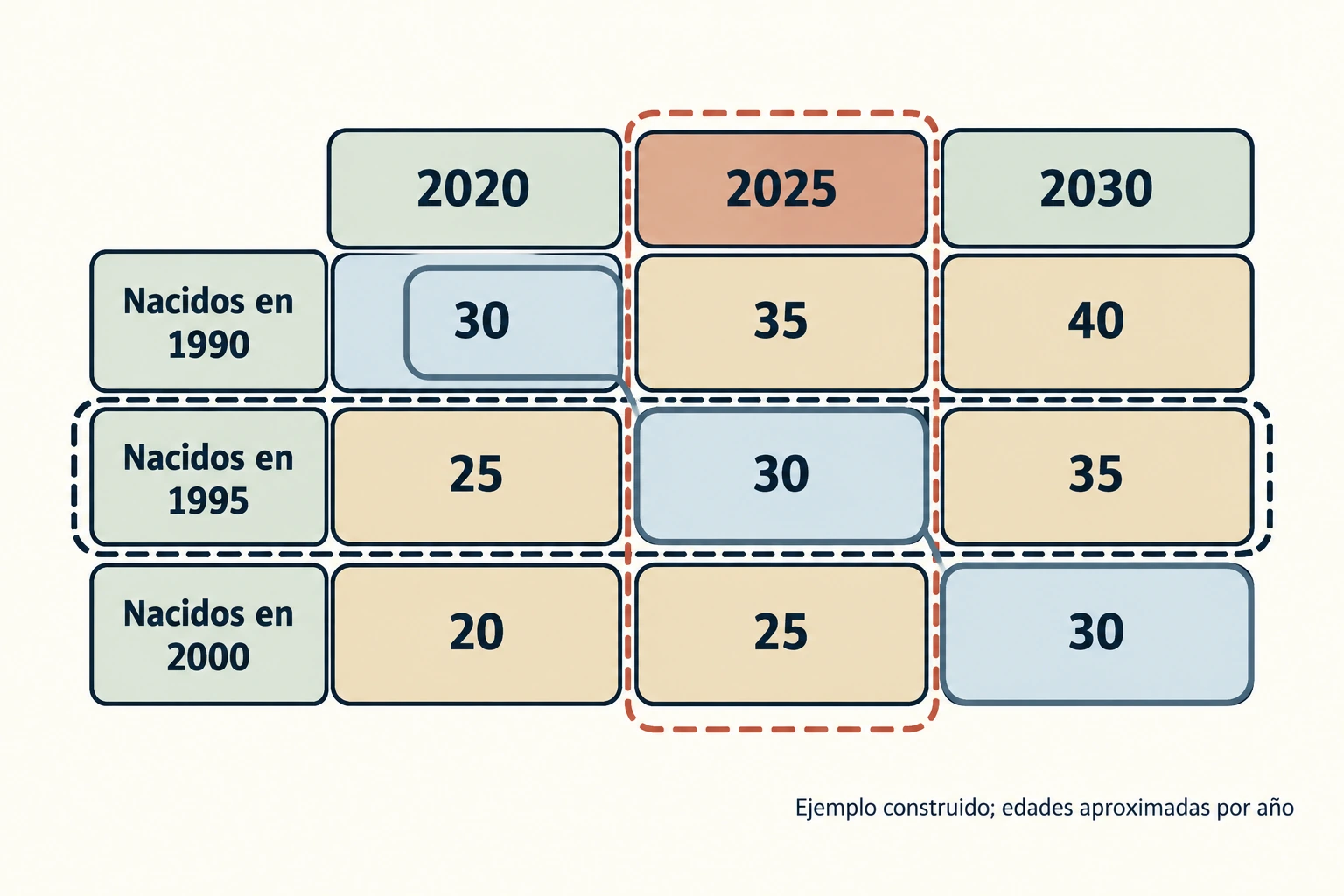 Tres cohortes de nacimiento 1990, 1995 y 2000 se observan en 2020, 2025 y 2030. Sus edades aproximadas son 30–40, 25–35 y 20–30. La edad 30 aparece en tres fechas y cohortes distintas