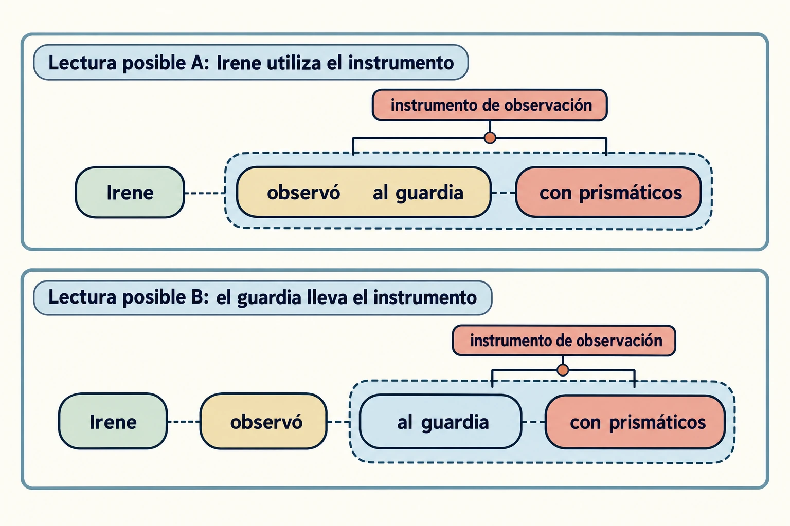 Dos agrupaciones de la misma frase relacionan con prismáticos con la observación de Irene o con el guardia observado. Son lecturas posibles del ejemplo construido