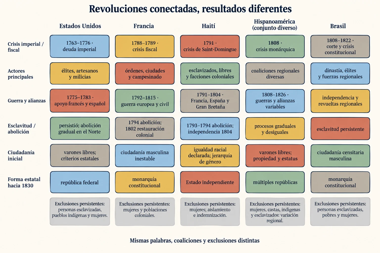 Cinco revoluciones se comparan por crisis, actores, guerra, abolición, ciudadanía y Estado; sus resultados y exclusiones divergen.