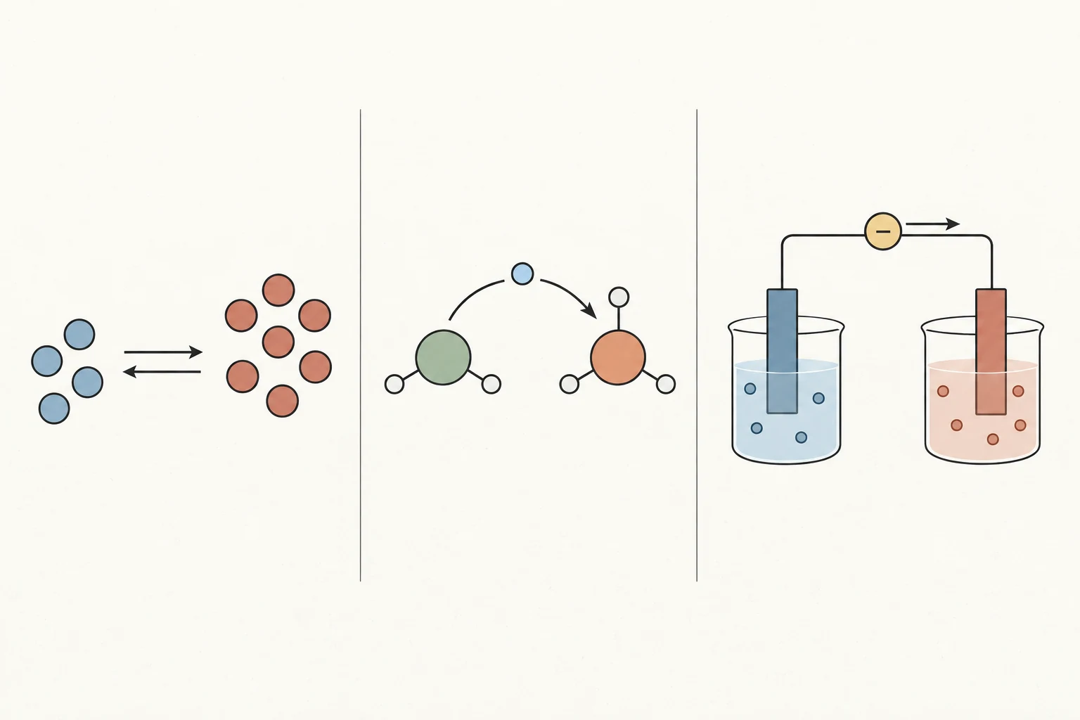 Un panel muestra equilibrio dinámico con flechas opuestas; otros dos separan transferencia de protón en ácido-base y transferencia de electrones en redox, ambas con conservación de carga.