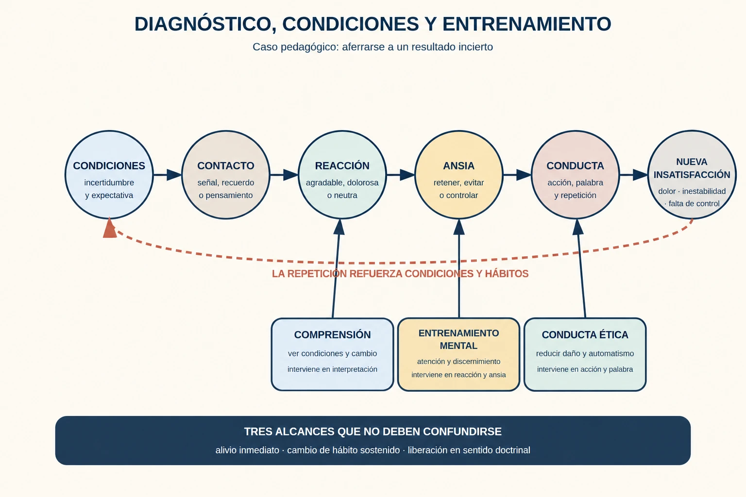 Un bucle de condiciones, reacción, ansia y conducta recibe tres intervenciones no jerárquicas: comprensión, entrenamiento mental y conducta ética.