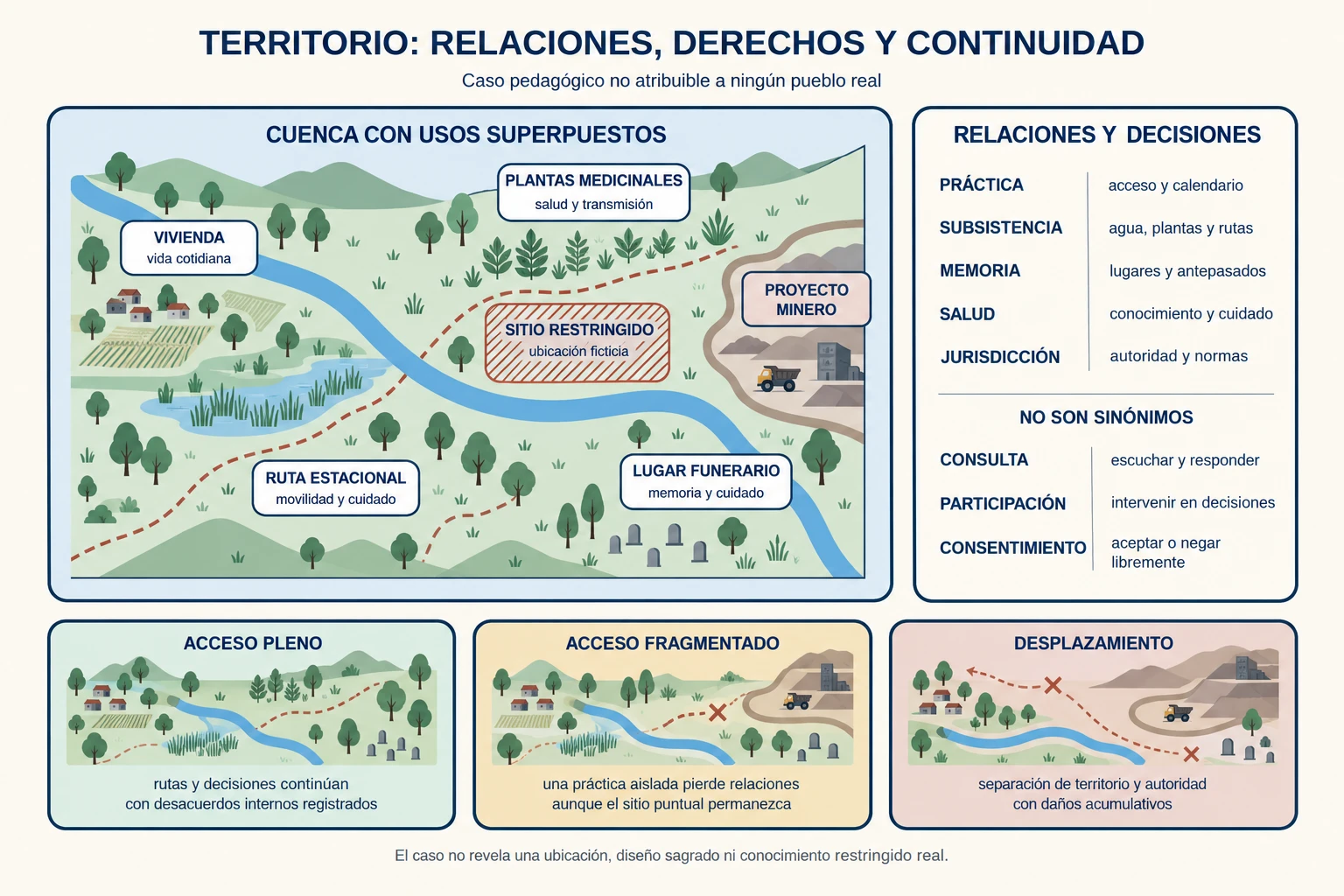 Una cuenca ficticia relaciona vivienda, rutas, plantas medicinales, memoria, jurisdicción y un proyecto minero, y compara acceso pleno, fragmentación y desplazamiento.