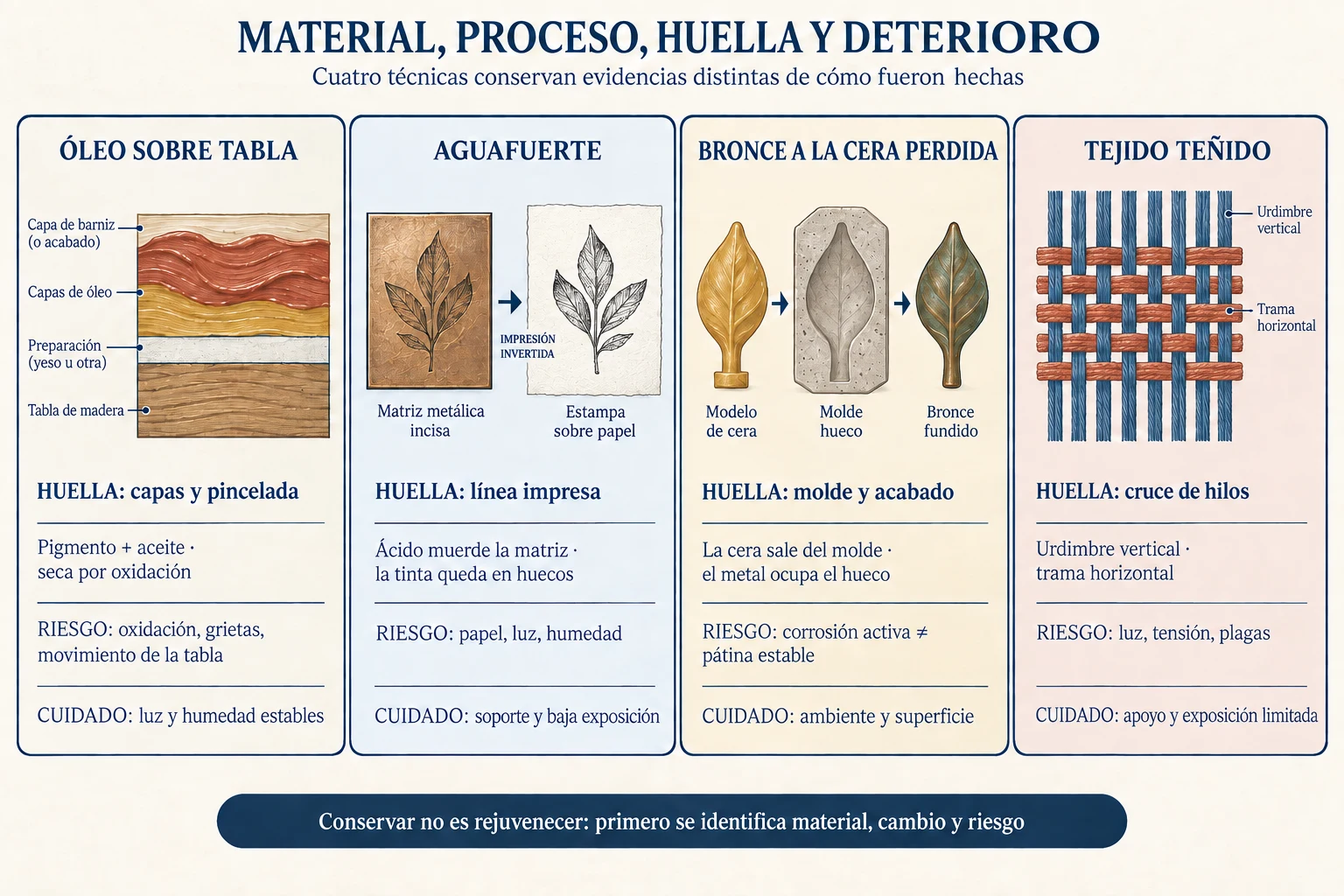 Cuatro paneles comparan las capas del óleo, la impresión invertida del aguafuerte, la cera perdida del bronce y el entrelazado de un tejido.