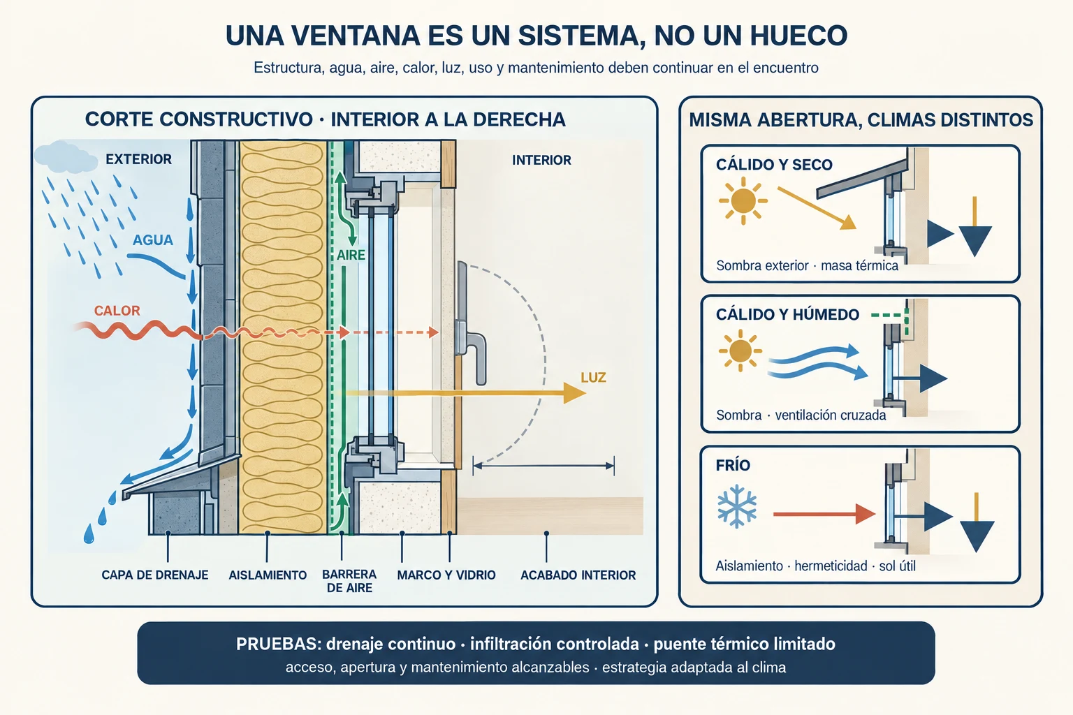 Un corte técnico muestra drenaje, aislamiento, barrera de aire, marco y vidrio, y compara estrategias de ventana para tres climas.