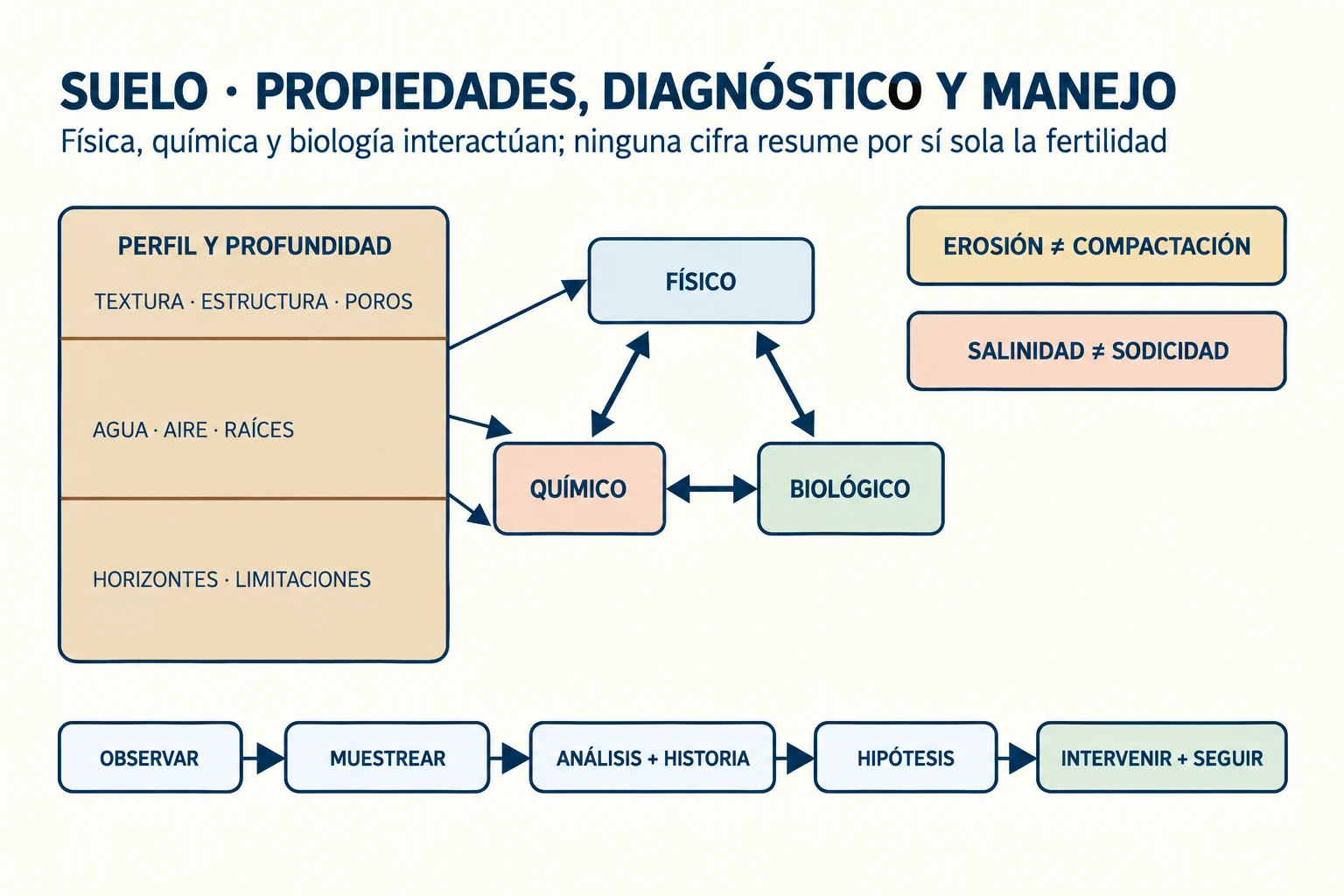 Un perfil de suelo relaciona textura y estructura con poros, agua, raíces, biota y nutrientes, y conduce desde observación y muestreo hacia una práctica condicionada y su seguimiento; erosión, compactación, salinidad y sodicidad aparecen como limitaciones diferentes.