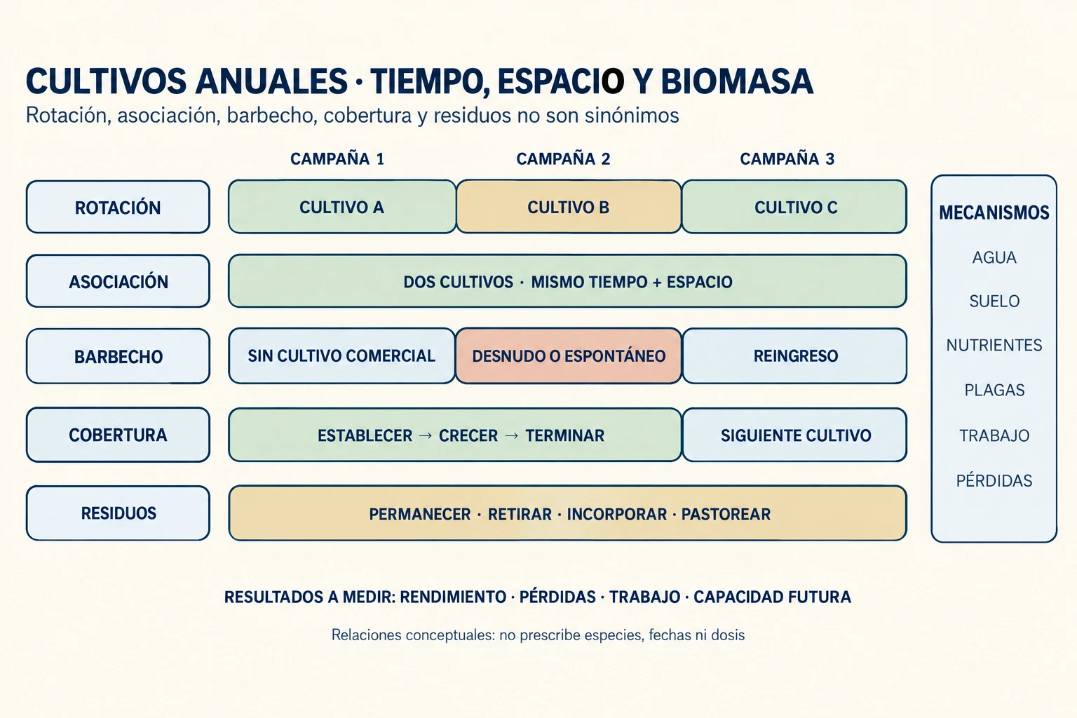 Diagrama comparativo de un sistema de cultivos anuales que separa secuencia temporal, asociación espacial, barbecho, cobertura y residuos, y conecta cada decisión con agua, suelo, malezas, plagas, trabajo y rendimiento.
