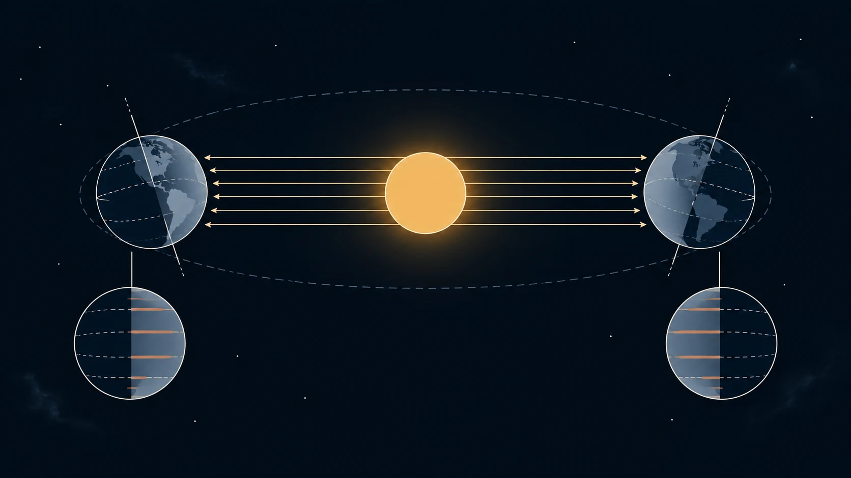 Dos Tierras en posiciones opuestas conservan la dirección de sus ejes; el hemisferio inclinado hacia el Sol recibe rayos más directos y permanece más tiempo iluminado.