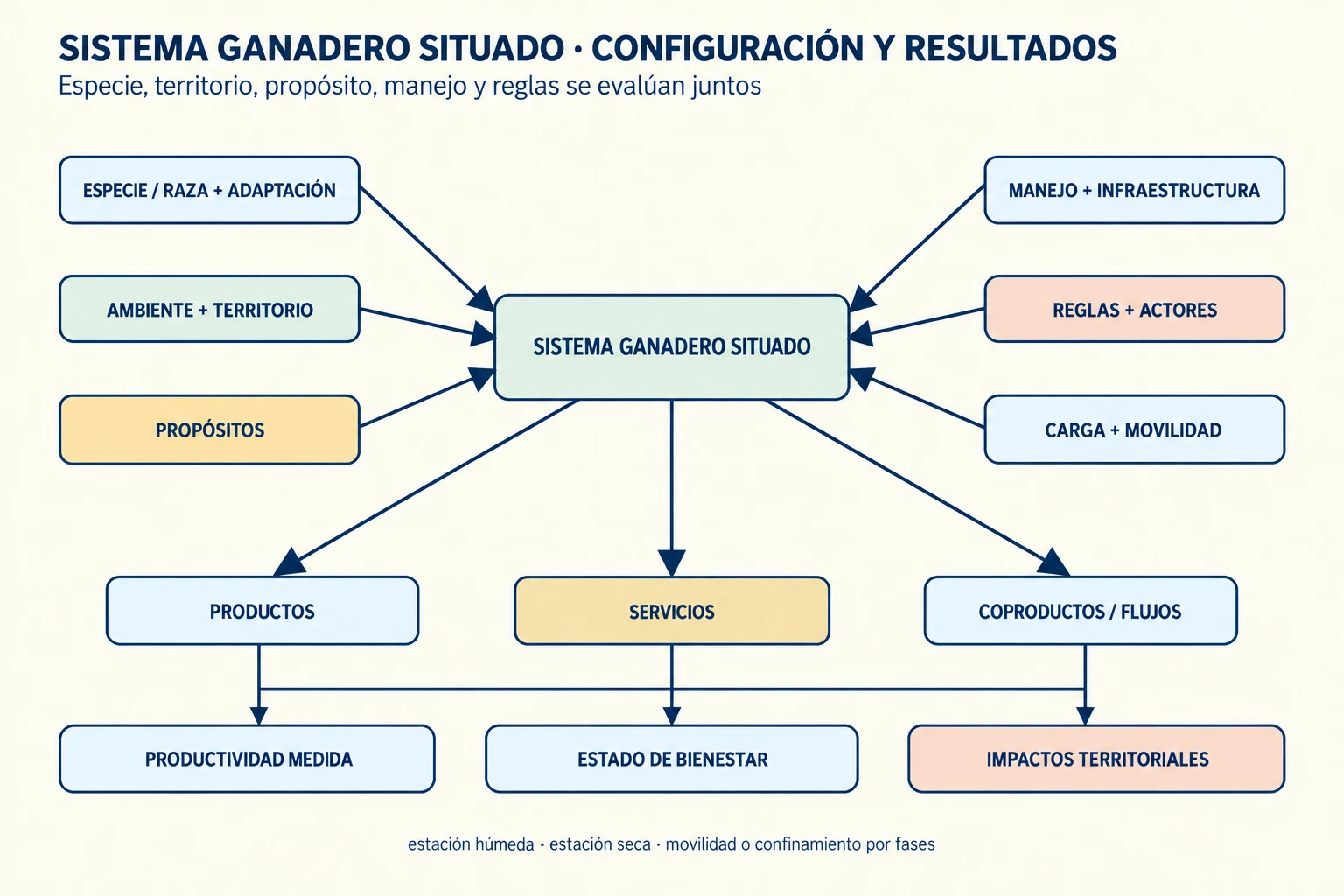 Diagrama de un sistema ganadero situado: especie y adaptación, ambiente, propósitos, manejo e instituciones convergen en un nodo central y se conectan con productos, servicios, coproductos, productividad, bienestar e impactos, con una franja temporal para mostrar cambios estacionales y movilidad.