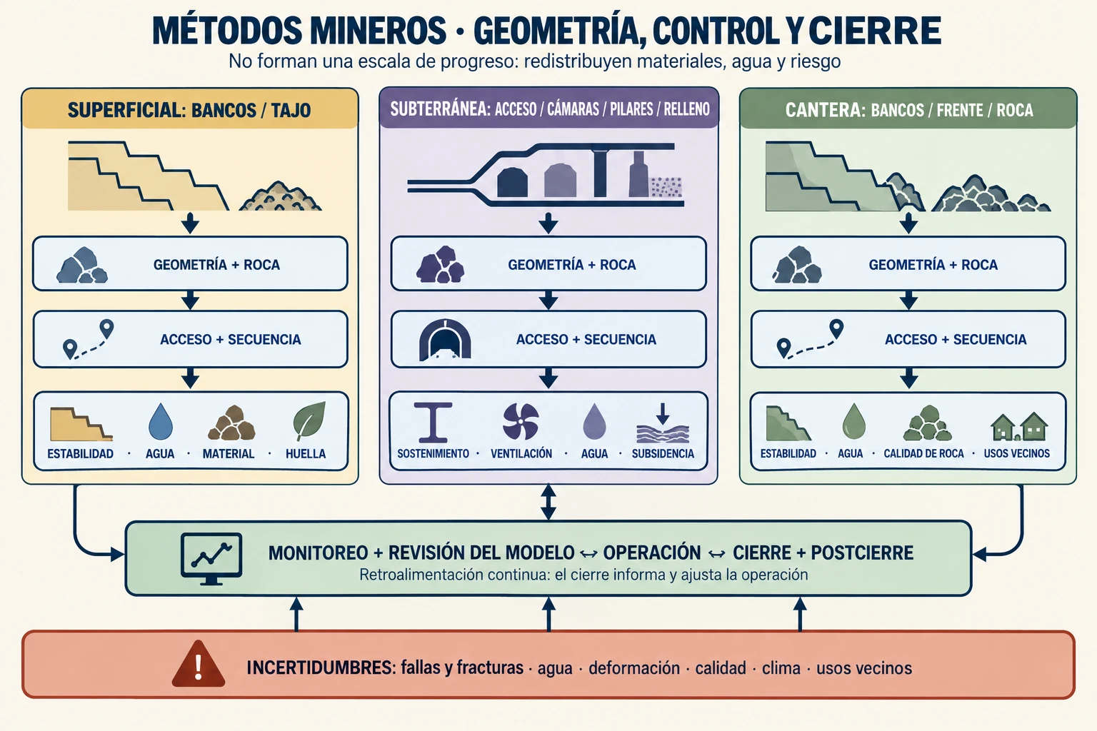 Tres paneles comparan minería superficial, subterránea y cantera por geometría, accesos, estabilidad, agua, ventilación, residuos, secuencia y huella; todos convergen en monitoreo, cierre y postcierre con incertidumbres compartidas.