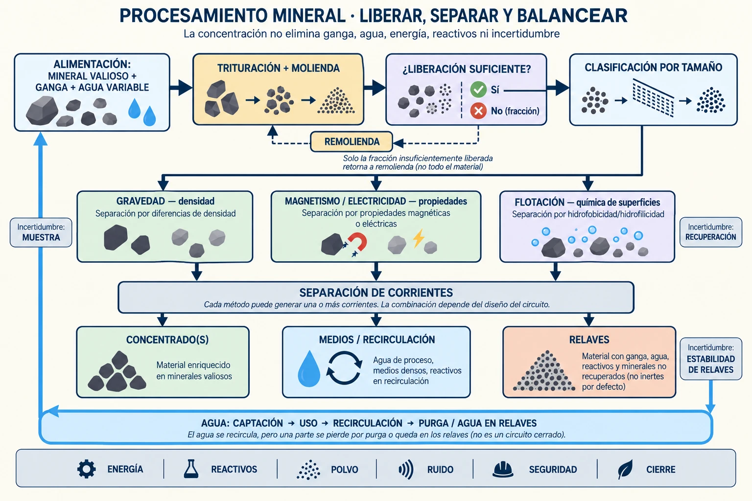 Diagrama conceptual de una planta: alimentación con mineral valioso y ganga pasa por trituración, molienda, clasificación, separaciones gravimétrica, magnética, electrostática y de flotación, y termina en concentrados, recirculación y relaves; un circuito azul muestra agua y una banda inferior muestra energía, reactivos, riesgos y cierre.