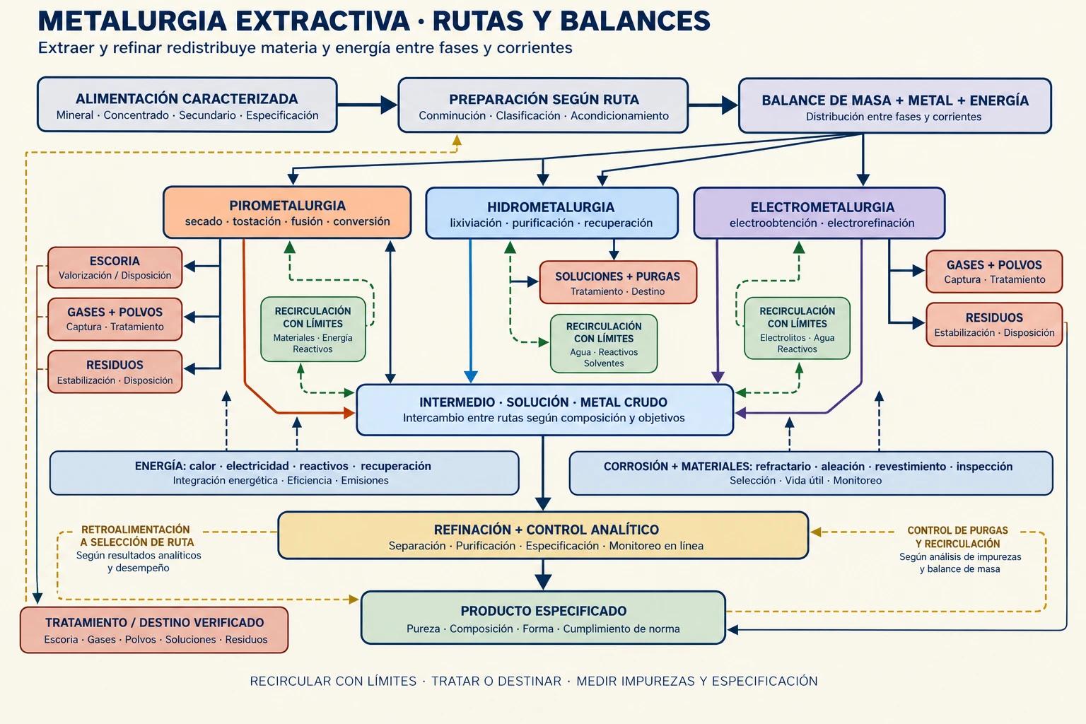 Diagrama comparativo de rutas pirometalúrgica, hidrometalúrgica y electrometalúrgica desde una alimentación caracterizada hasta un producto especificado, con balances, escorias, gases, soluciones, purgas, energía, corrosión y recirculación.