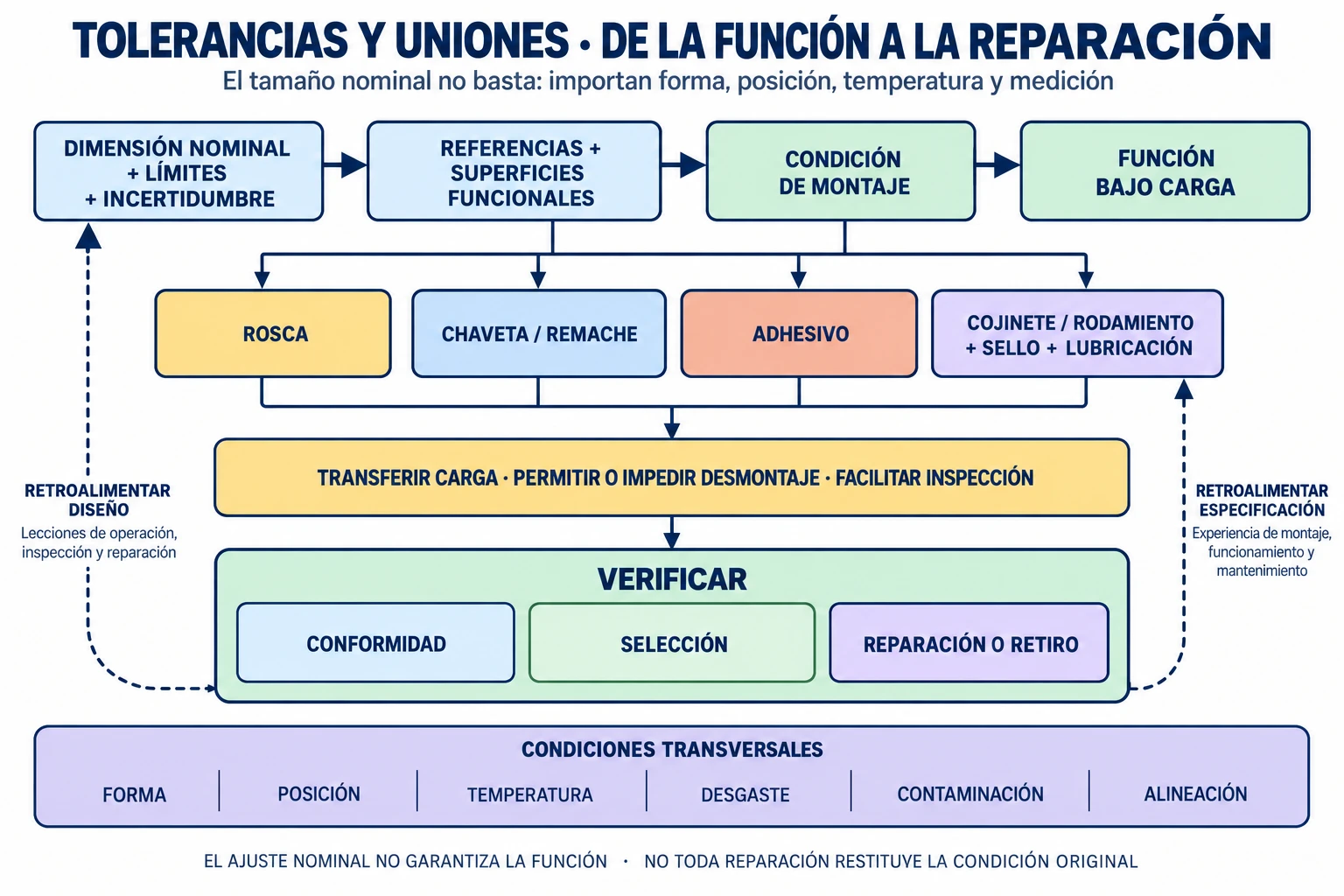 Diagrama conceptual que enlaza dimensión nominal, límites e incertidumbre con una cadena de tolerancias, uniones, rodamientos, sellos, lubricación, verificación, intercambiabilidad y reparación.