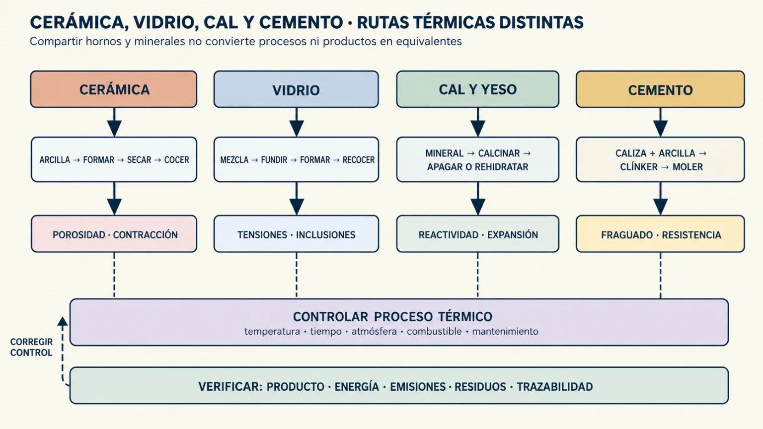 Diagrama de cuatro carriles que compara cerámica, vidrio, cal/yeso y cemento desde materias minerales hasta productos, mostrando conformado, calor, enfriamiento o hidratación, verificaciones, emisiones, energía, defectos y bucles de control.