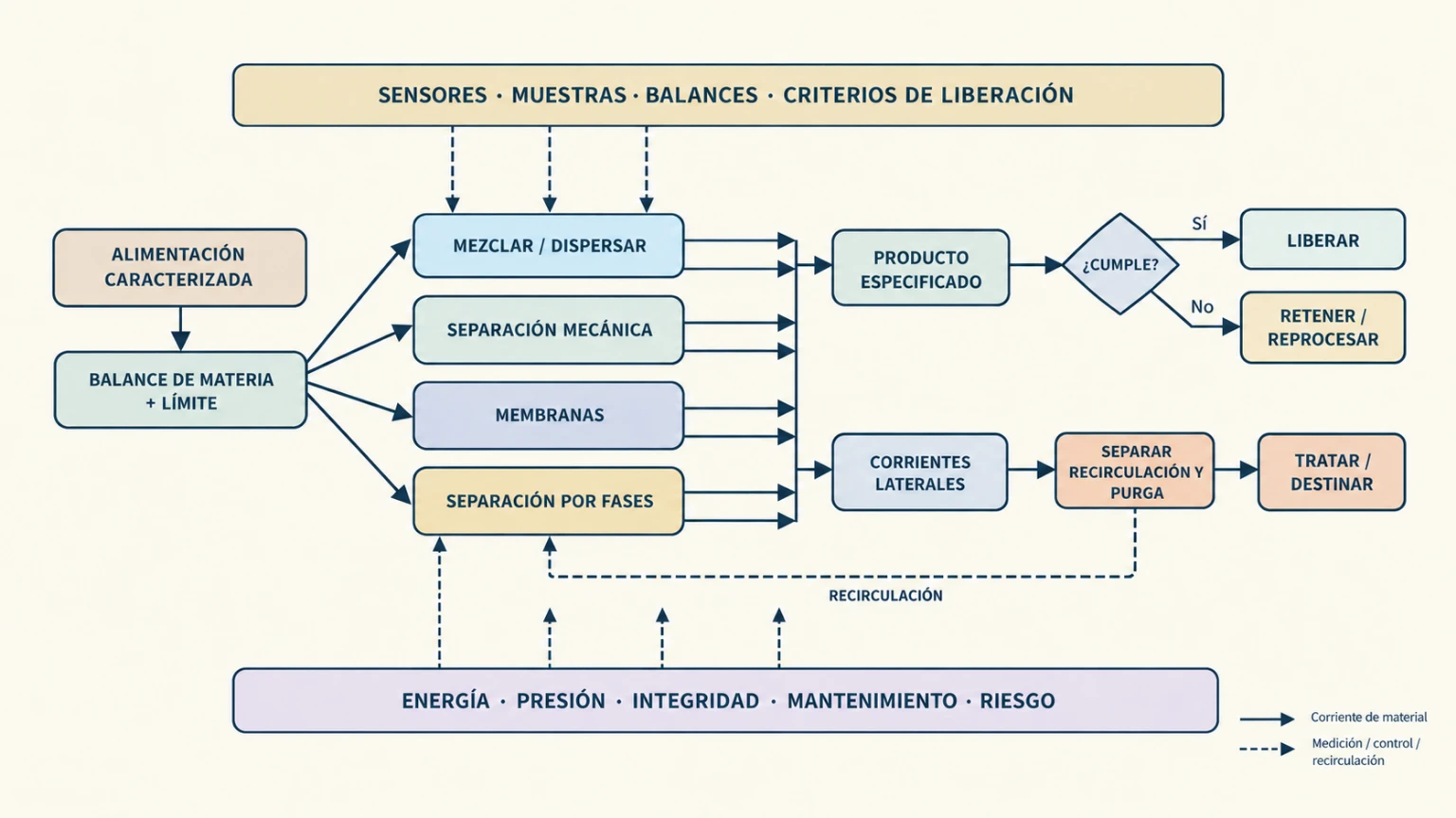 Diagrama de flujo que conecta una alimentación caracterizada con balances y cuatro familias de operaciones —mezcla, separación mecánica, membranas y separación por fases—, mostrando productos, corrientes laterales, medición, recirculación, purgas, mantenimiento y decisiones ante desviaciones.