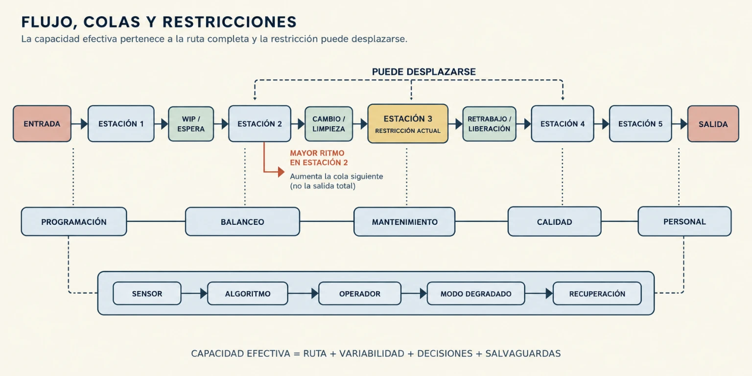 Diagrama de una ruta de producción con lotes, flujo continuo, colas, cambio de formato, cuello de botella variable, programación, mantenimiento, calidad, personal y recuperación.