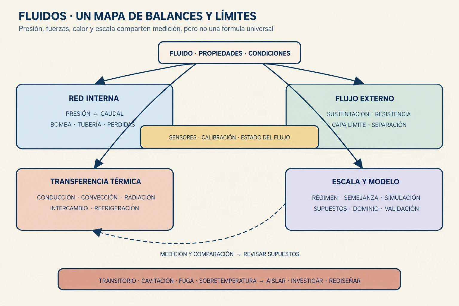 Mapa de ingeniería de fluidos que conecta presión, caudal y pérdidas con bombas y redes, sustentación y resistencia, transferencia de calor y refrigeración, y escala y límites de los modelos, incluyendo medición y validación.