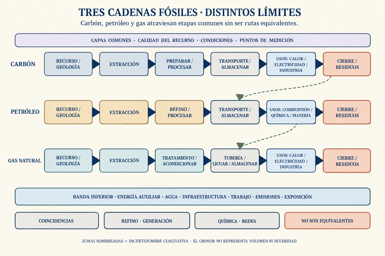 Comparación conceptual de carbón, petróleo y gas natural. Tres rutas muestran extracción, procesamiento, transporte, almacenamiento, usos y cierre, con capas comunes de energía auxiliar, agua, infraestructura, trabajo, emisiones, residuos y exposición. Las rutas pueden cruzarse en refino, generación y productos químicos, pero sus etapas y dependencias no son equivalentes.