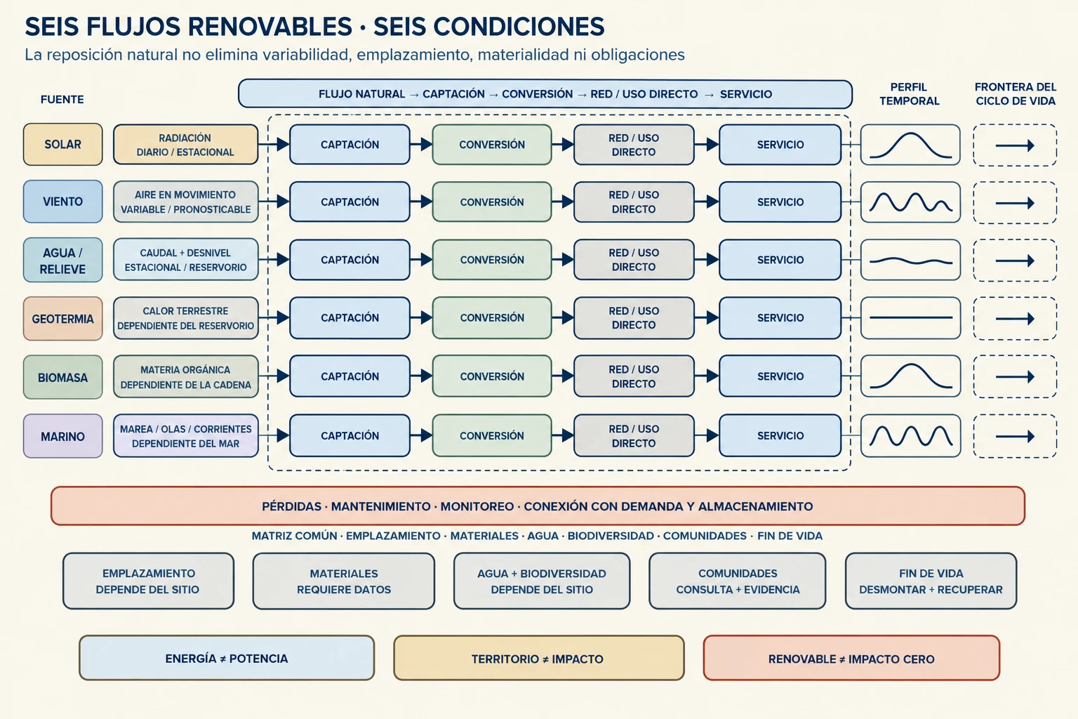Diagrama comparativo de flujos renovables, variabilidad, emplazamiento y ciclo de vida