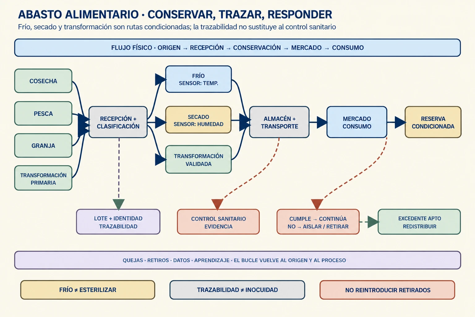 Red alimentaria desde cuatro orígenes hasta consumo, con rutas de frío, secado y transformación, controles sanitarios, trazabilidad, reservas y salidas diferenciadas para excedentes y pérdidas.