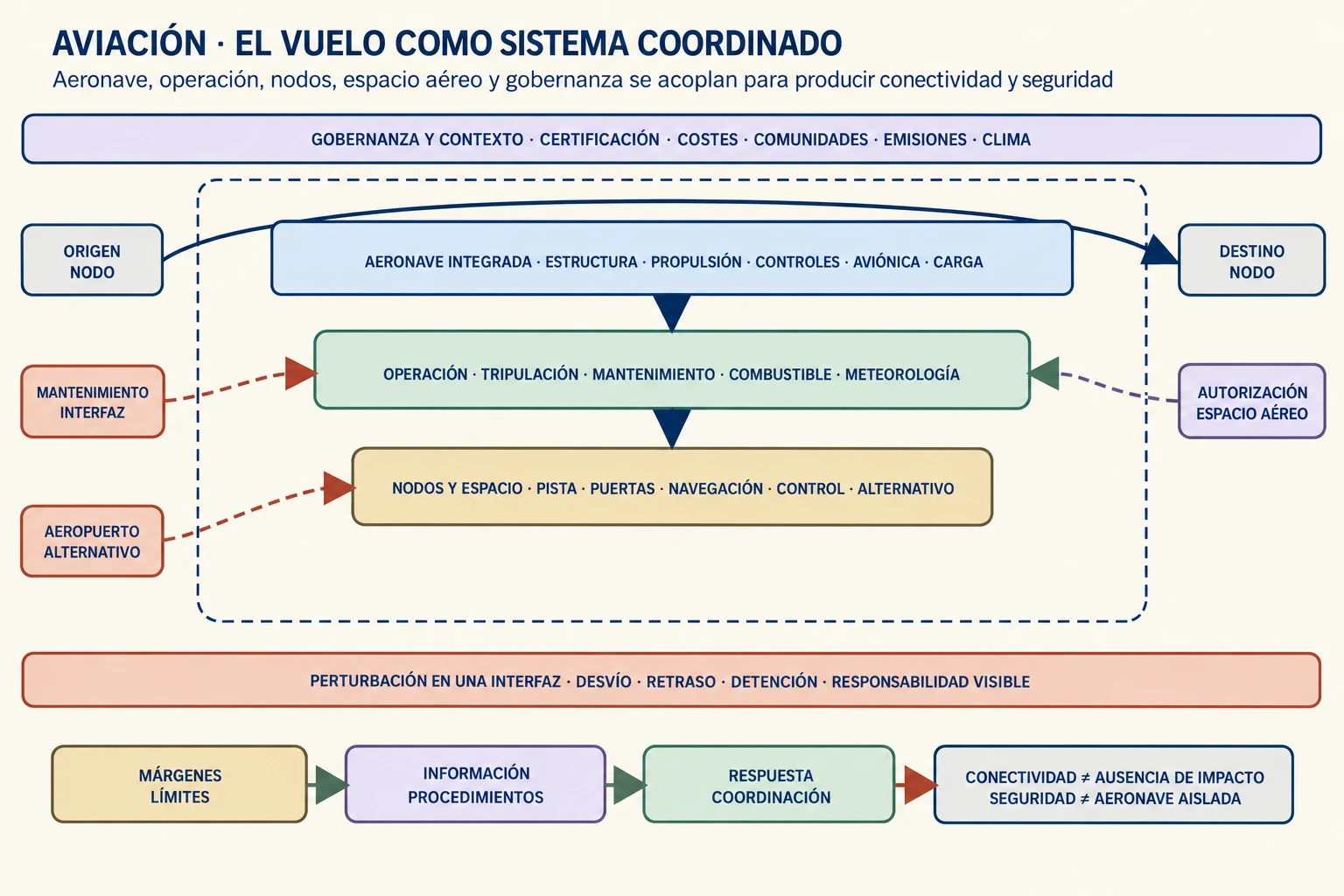 Diagrama conceptual de la aviación como red: una aeronave integrada realiza una trayectoria entre dos nodos mientras capas de operación, mantenimiento, meteorología, control del tráfico, aeropuertos, certificación, costes, comunidades y emisiones condicionan el vuelo. Una perturbación en una interfaz activa desvío, retraso o detención y hace visibles las responsabilidades.