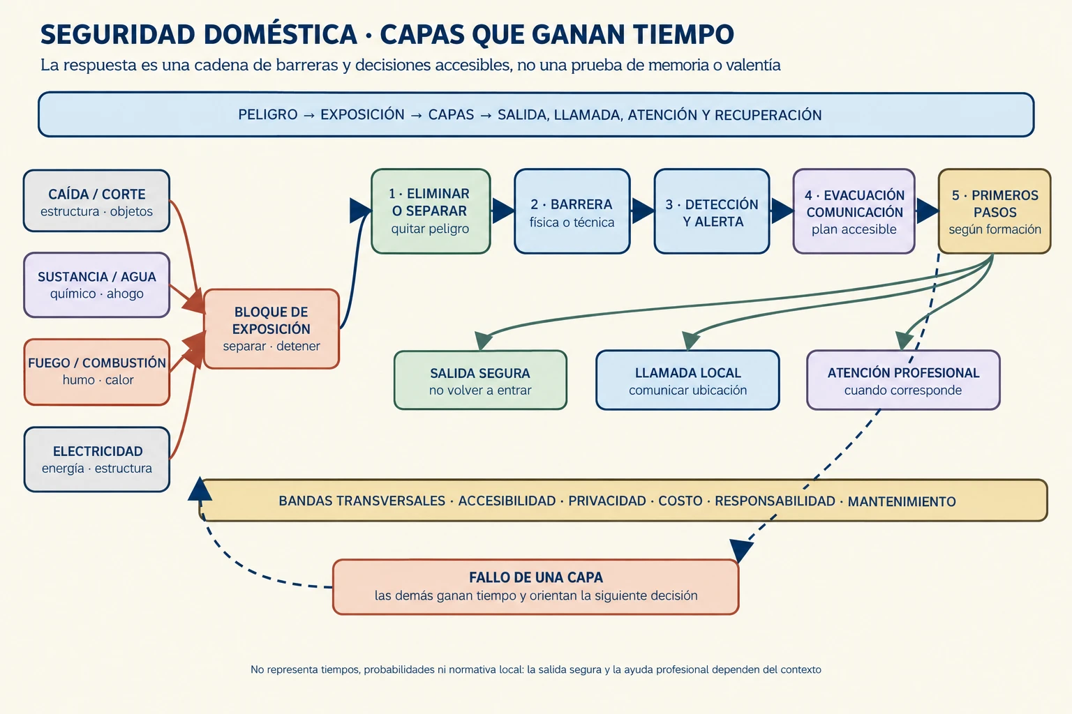 Diagrama conceptual de seguridad doméstica: peligros y exposición se encuentran con capas de eliminación, barrera, alerta, evacuación, comunicación y primeros pasos; accesibilidad, privacidad, costo y mantenimiento atraviesan toda la cadena.