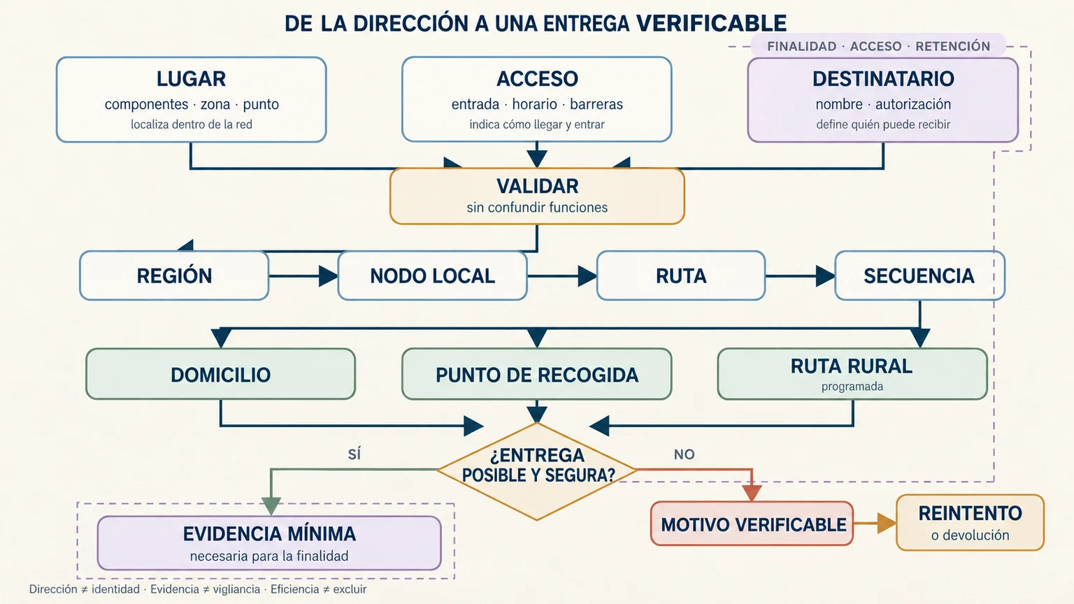 Sistema de última milla. Lugar, acceso y destinatario se validan como datos distintos antes de clasificar por región, nodo, ruta y secuencia. Tres modalidades llegan a una decisión de entrega; el éxito conserva evidencia mínima y el fallo documenta el motivo antes del reintento o devolución.