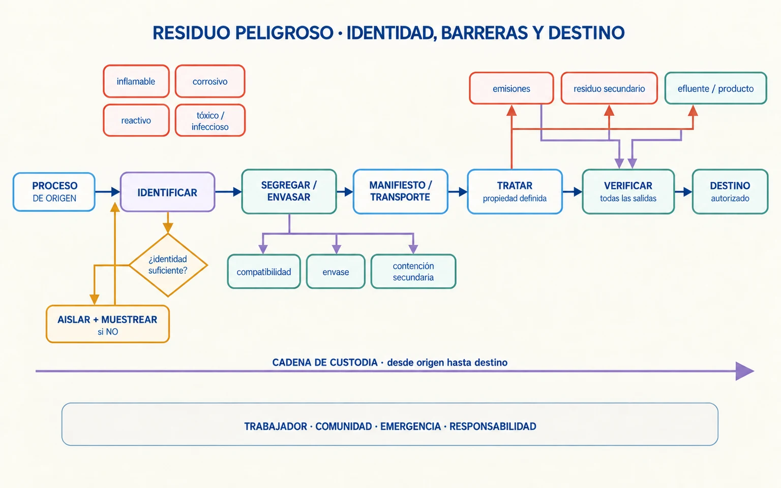 Cadena de gestión de residuos peligrosos desde el proceso de origen y la identificación hasta segregación, transporte, tratamiento, verificación de todas las salidas y destino autorizado, con retorno por incertidumbre y custodia continua.