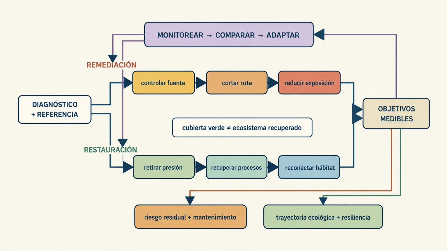 Dos trayectorias coordinadas distinguen remediación de contaminación y restauración ecológica, unidas por objetivos y monitoreo adaptativo.