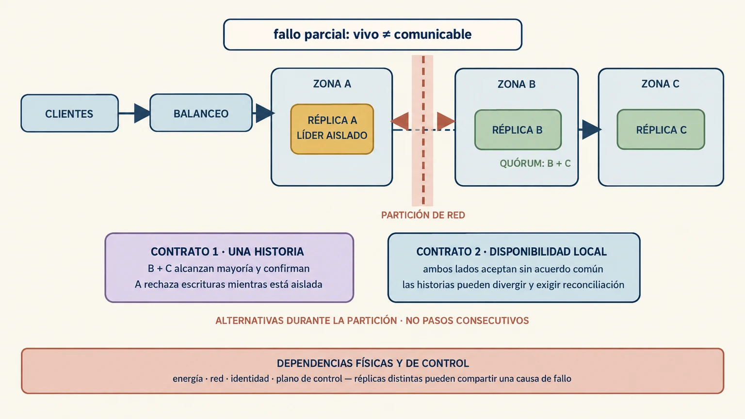 Servicio distribuido con clientes, balanceo, réplicas en varios dominios de fallo y una partición de red que obliga a elegir una respuesta explícita.