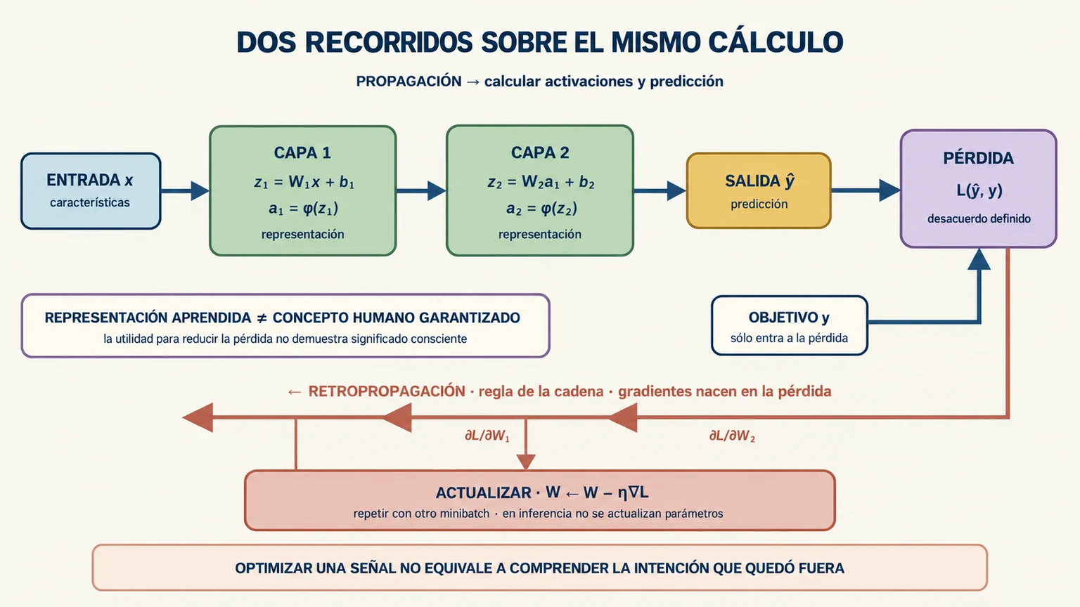 Red profunda en la que una entrada avanza por capas hasta una predicción, la pérdida compara el resultado y los gradientes regresan para actualizar parámetros.