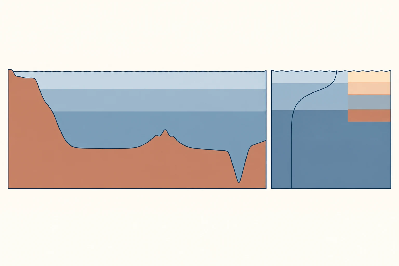 Dos módulos coordinados: un corte de la cuenca oceánica con plataforma, llanura, dorsal y fosa, y una columna de agua con franjas de luz, capa mezclada y termoclina