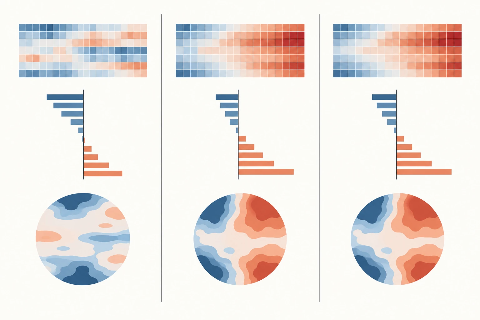 Tres columnas conceptuales de patrones planetarios y capas atmosféricas que representan observaciones, respuesta a causas naturales y respuesta conjunta a causas humanas y naturales