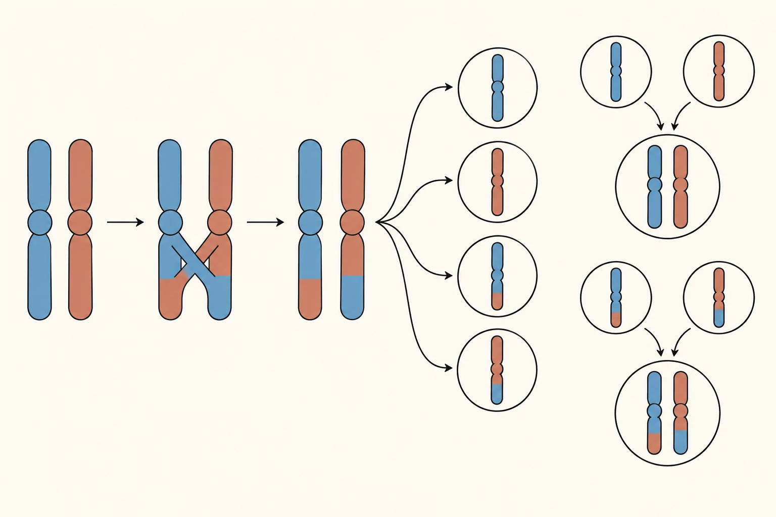 Dos cromosomas homólogos intercambian segmentos y se distribuyen en gametos distintos, que originan descendientes con combinaciones diferentes.