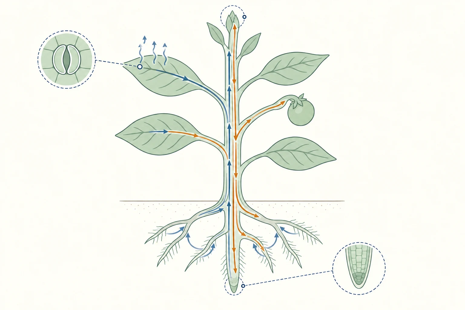 Planta esquemática con raíces, tallo y hojas conectados por flujo ascendente de agua y minerales en xilema y distribución de azúcares desde hojas fuente hacia órganos sumidero en floema.