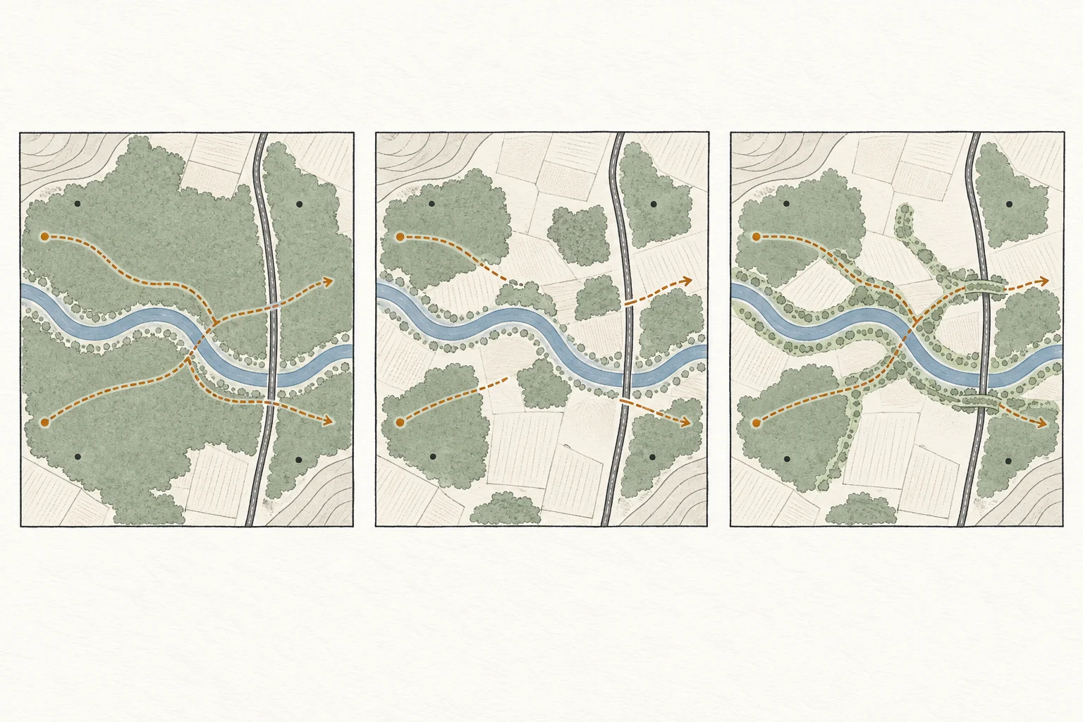 Tres mapas conceptuales comparan un hábitat continuo, el mismo territorio fragmentado y una restauración que reconecta parches sin borrar los usos humanos.