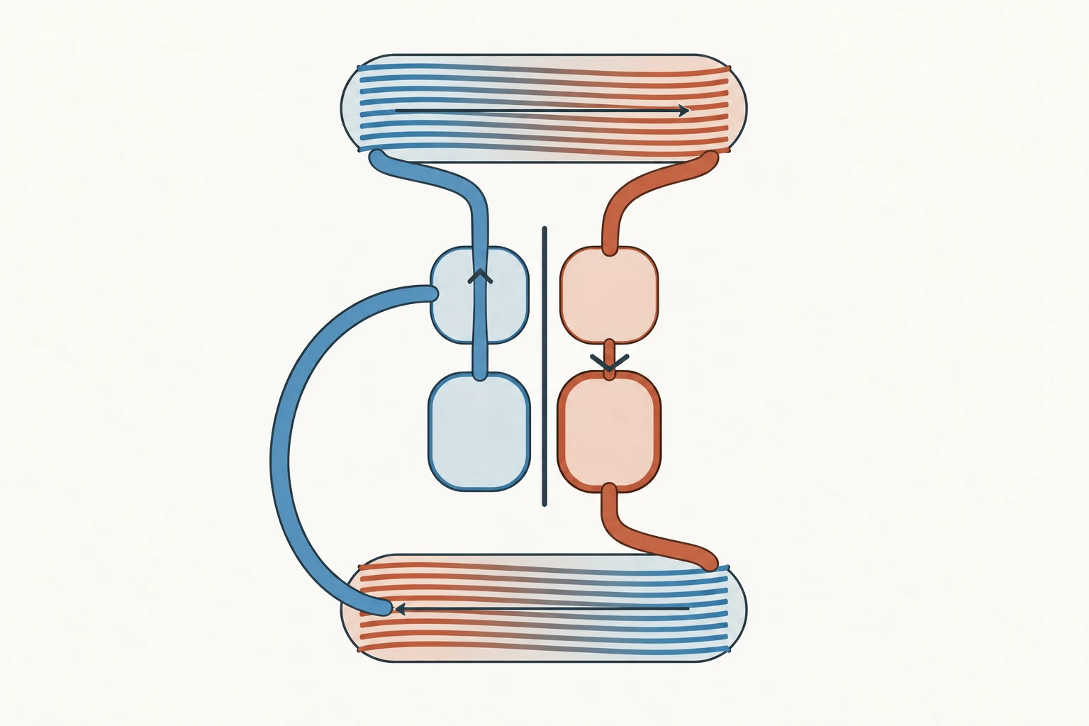 Cuatro cámaras cardiacas conectan en serie un lecho pulmonar y uno sistémico mediante dos circuitos cerrados con flujo unidireccional.