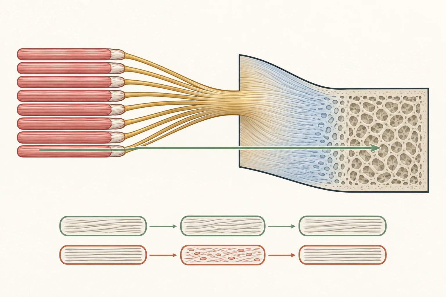Fibras musculares convergen en un tendón que transmite tensión mediante una entesis hacia hueso cortical y trabecular, con dos secuencias de remodelación.